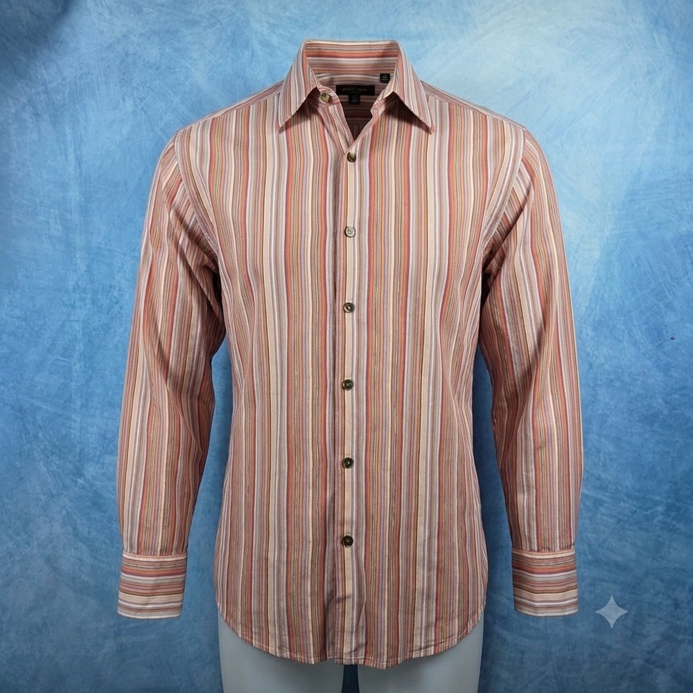 Axis Mens Long Sleeve Button Down Shirt Orange Tan Striped Cotton Size M